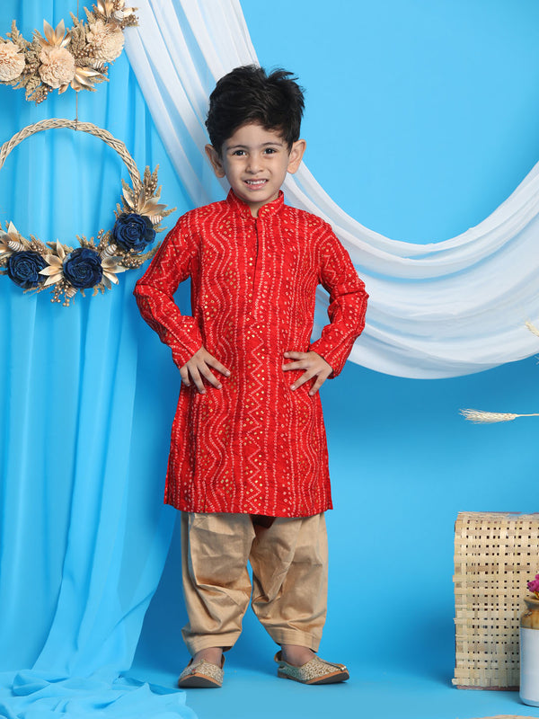Boy's' Maroon Bandhni Print Kurta And Rose Gold Patiala Set